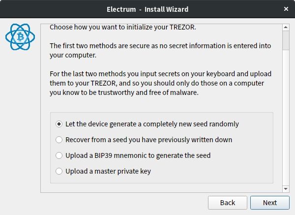 Choose how you want to initialize your TREZOR